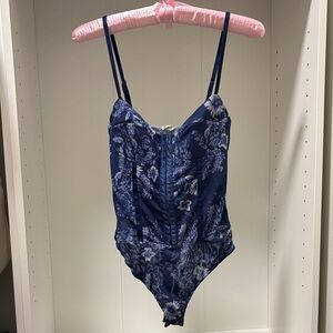Free People Floral Blue Bodysuit with Corset Detail